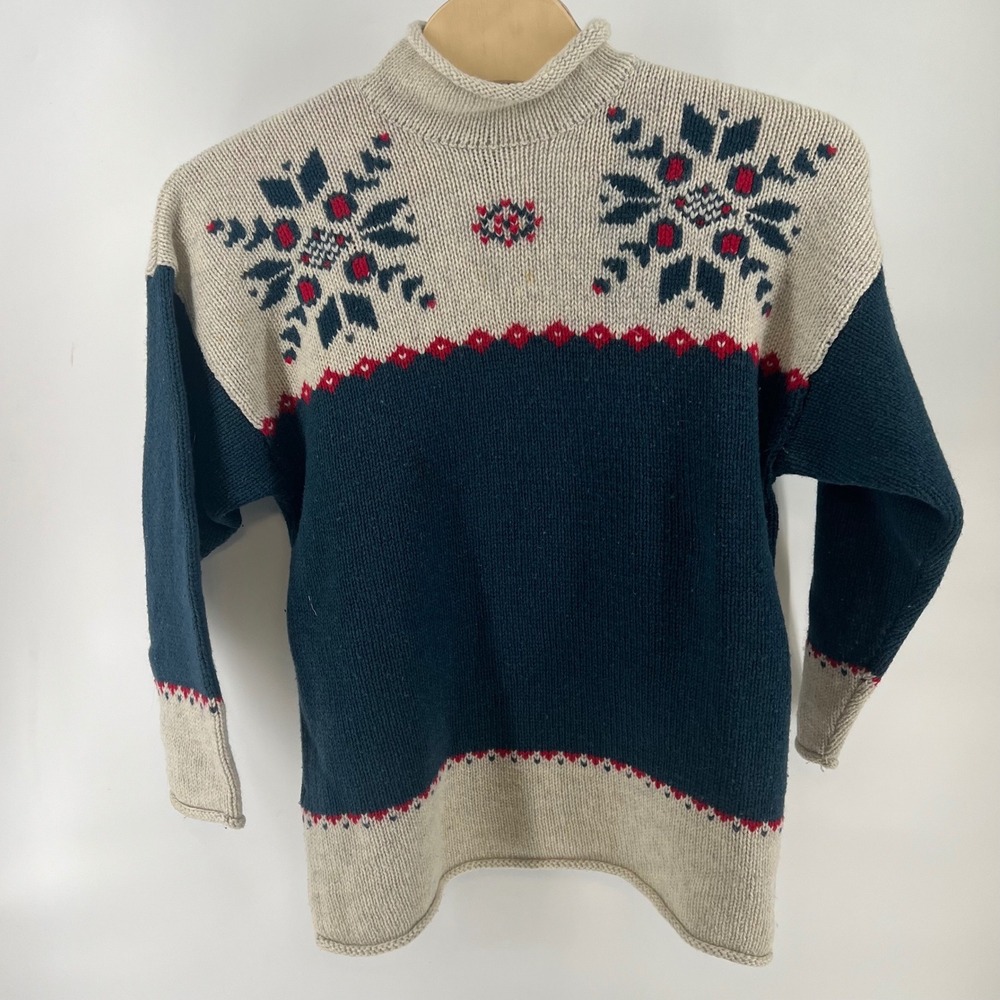Vintage Eddie Bauer Wool Fair Isle Roll Neck Sweater XL Snowflake Nordic USA - Picture 2 of 8